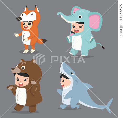 Set of cartoon kid characters in Animals costumes Set of cartoon kid characters in Animals costumes 45468575
