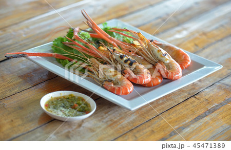 Grilled shirmp asian style food on wooden  45471389
