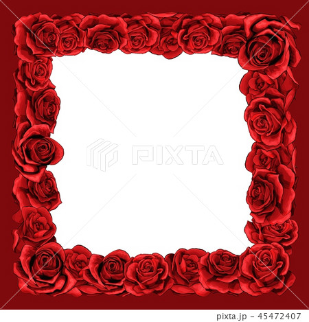 Frame of red blossom rose flowers for greeting card, wedding or Valentines day. 45472407