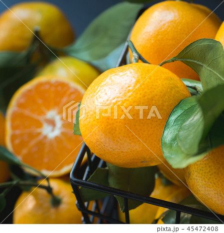 Fresh mandarins with leaves. Close up. 45472408