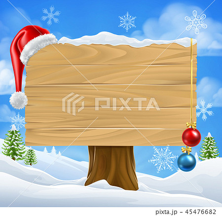 Christmas Sign Santa Hat Baubles Winter Snow Scene 45476682
