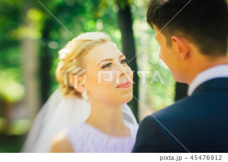 portrait the bride and groom on background park portrait the bride and groom on background park 45476912