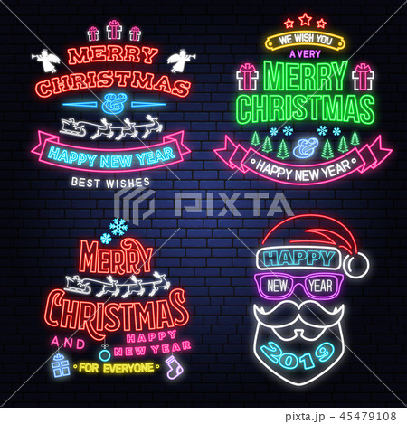 Set of Merry Christmas and Happy New Year neon sign with Santa Claus, snowflakes, angels, santa Set of Merry Christmas and Happy New Year neon sign with Santa Claus, snowflakes, angels, santa 45479108