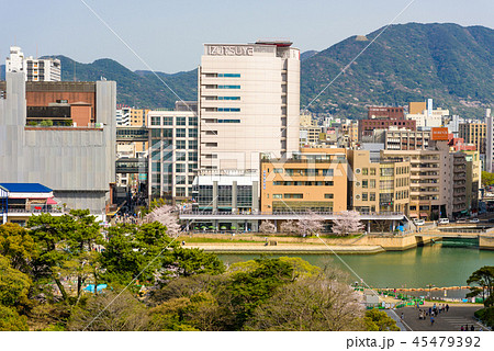 小倉城桜まつり天守閣からの眺め 福岡県北九州市 の写真素材