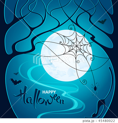 Halloween. Trees, web with spider, bats and a cat Halloween. Trees, web with spider, bats and a cat 45480022