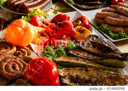 tasty food laying in boxes in eat market tasty food laying in boxes in eat market 45480096