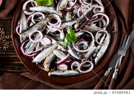 salted sprats on a clay plate 45480461