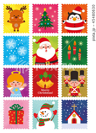 かわいいクリスマスの切手セット ベクター素材のイラスト素材