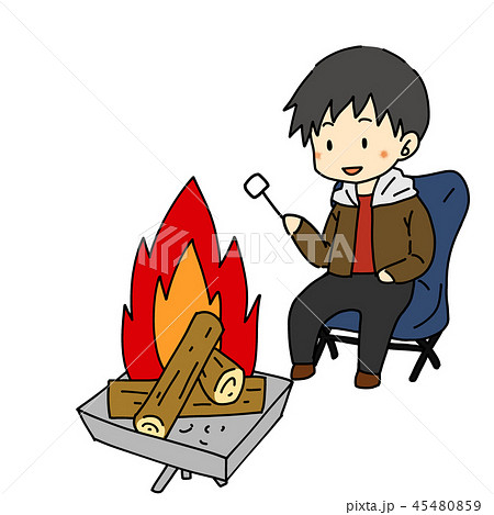 焚き火でマシュマロ焼く男性のイラスト素材