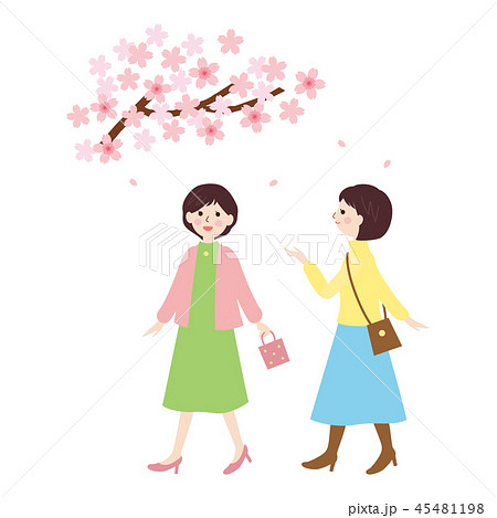 人物素材 桜と歩く女性２人のイラスト素材