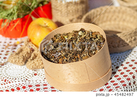 Natural herbal tea in a wooden box. 45482497