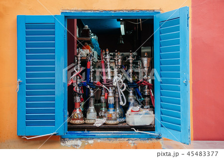 Baraku or Shisha behind colourful window wall 45483377
