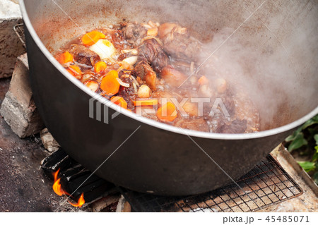 Lamb with carrot and onion stew in pan 45485071