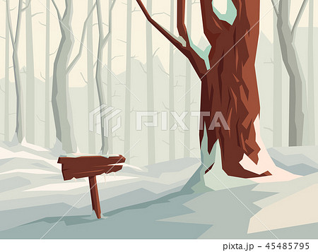 Illustration of snowy forest with wooden signpost. 45485795