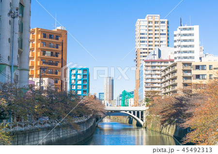 目黒川春夏秋冬 太鼓橋からの眺め 秋の写真素材