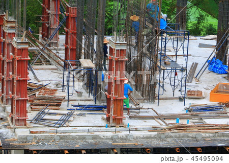 worker construction team working on high building 45495094