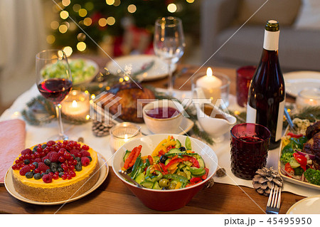 food and drinks on christmas table at home 45495950