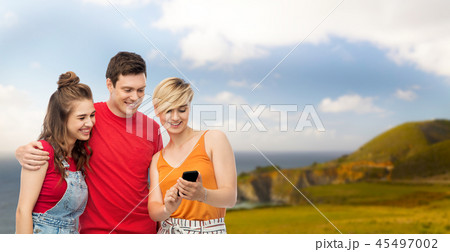 friends with smartphone over white background 45497002