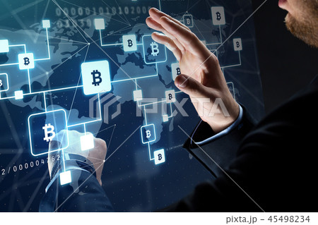 close up of businessman with bitcoin block chain 45498234