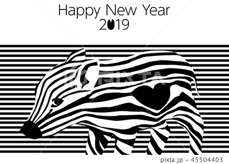 19年 亥年年賀状テンプレートグラフィックストライプ黒背景横位置のイラスト素材