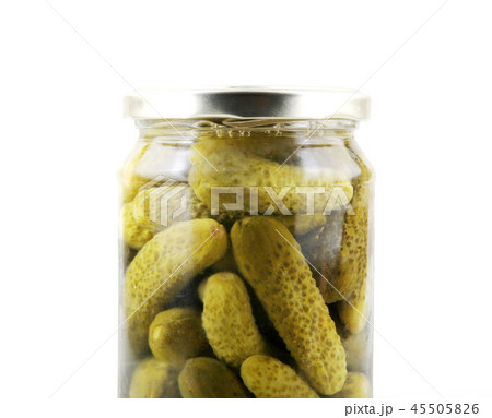 Jar Of Pickled Gherkins On White Background Jar Of Pickled Gherkins On White Background 45505826