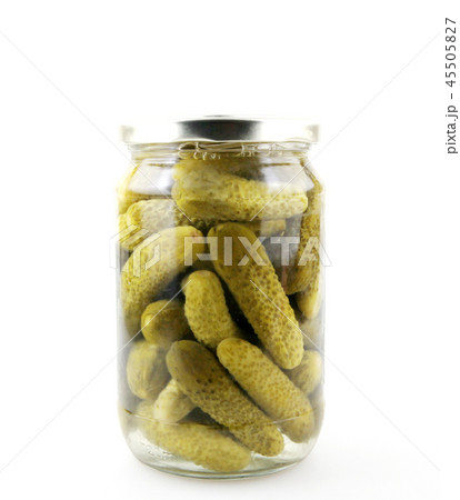 Jar Of Pickled Gherkins On White Background 45505827