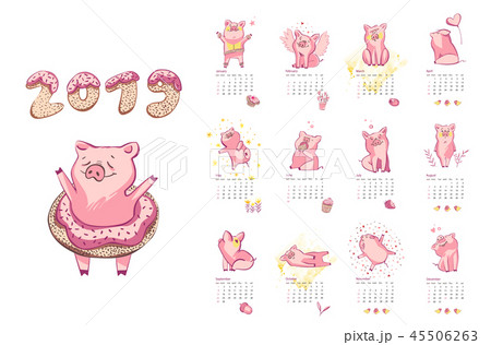 Monthly creative calendar 2019 with cute pig. Concept, vector vertical editable template. Symbol of 45506263