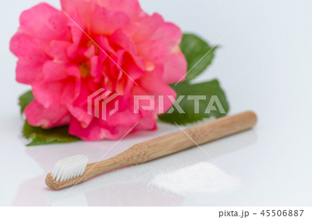 no plastic, wood toothbrush and xylitol, birch sugar, rose on white 45506887