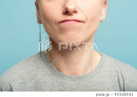 woman compressed lip displeasure grudge discontent woman compressed lip displeasure grudge discontent 45508591