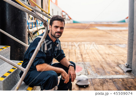 Marine Deck Officer or Chief mate on deck of vessel or ship 45509074