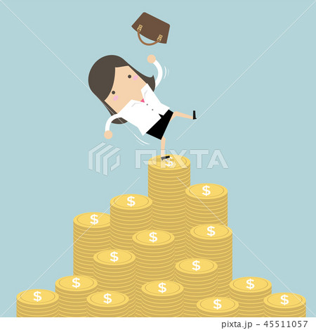 Businesswoman falling of money mountain. Businesswoman falling of money mountain. 45511057