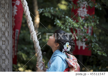 鈴紐を持って鈴を鳴らす着物姿の女の子 鈴紐を持って鈴を鳴らす着物姿の女の子 45511547