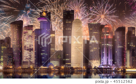 Beautiful fireworks above skyline of West Bay and Doha City, Qatar 45512562