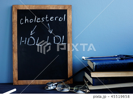 Cholesterol HDL LDL written on a blackboard. Cholesterol HDL LDL written on a blackboard. 45519658