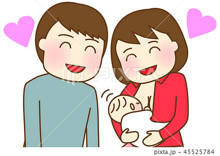 夫婦笑顔で授乳する赤ちゃんを見守る 45525784