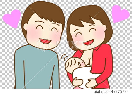 夫婦笑顔で授乳する赤ちゃんを見守る 45525784
