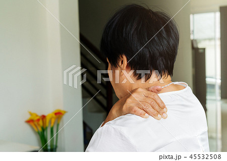 neck and shoulder pain, old woman suffering 45532508