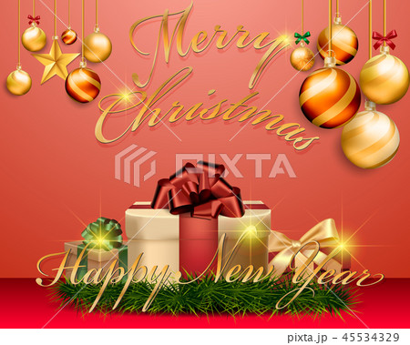 Christmas gold balls with gift boxes on background Christmas gold balls with gift boxes on background 45534329
