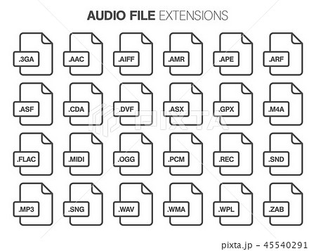 Flat style icon set. Audio, song, voice recording file type, extencion. Document format. Flat style icon set. Audio, song, voice recording file type, extencion. Document format. 45540291