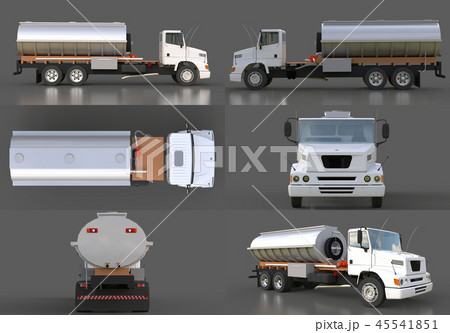 Set large white truck tanker with a polished metal trailer. Views from all sides. 3d illustration. 45541851