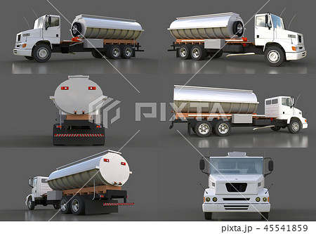 Set large white truck tanker with a polished metal trailer. Views from all sides. 3d illustration. Set large white truck tanker with a polished metal trailer. Views from all sides. 3d illustration. 45541859