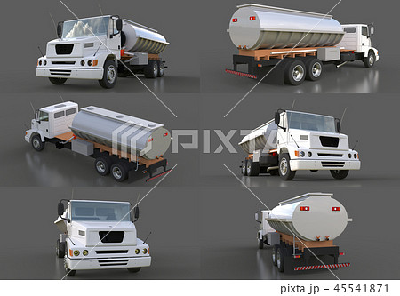 Set large white truck tanker with a polished metal trailer. Views from all sides. 3d illustration. 45541871