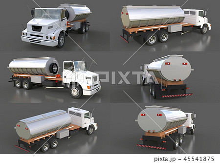 Set large white truck tanker with a polished metal trailer. Views from all sides. 3d illustration. 45541875