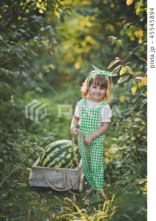 A little girl carries a huge watermelon on a  45545894