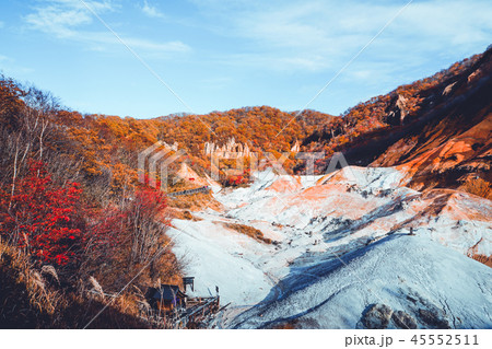Autumn season at noboribetsu volcano in Hoakkaido Autumn season at noboribetsu volcano in Hoakkaido 45552511