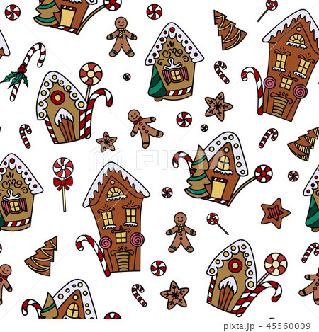 Christmas seamless pattern with gingerbread house 45560009