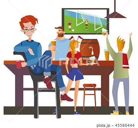 Young red-haired man sitting in a sport bar. Student night out. Colorful flat vector illustration. 45560444