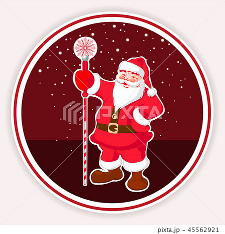 Christmas red round sign with a Santa Claus pattern with a staff and snowflakes. 45562921