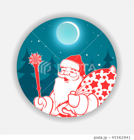 Christmas blue round sign with a pattern of Santa Claus with a staff and a bag. 45562941
