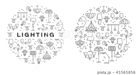 Lighting line icons set. Wall lamp, desk lamp, floor lamp, chandelier. Infographics circle 45565856